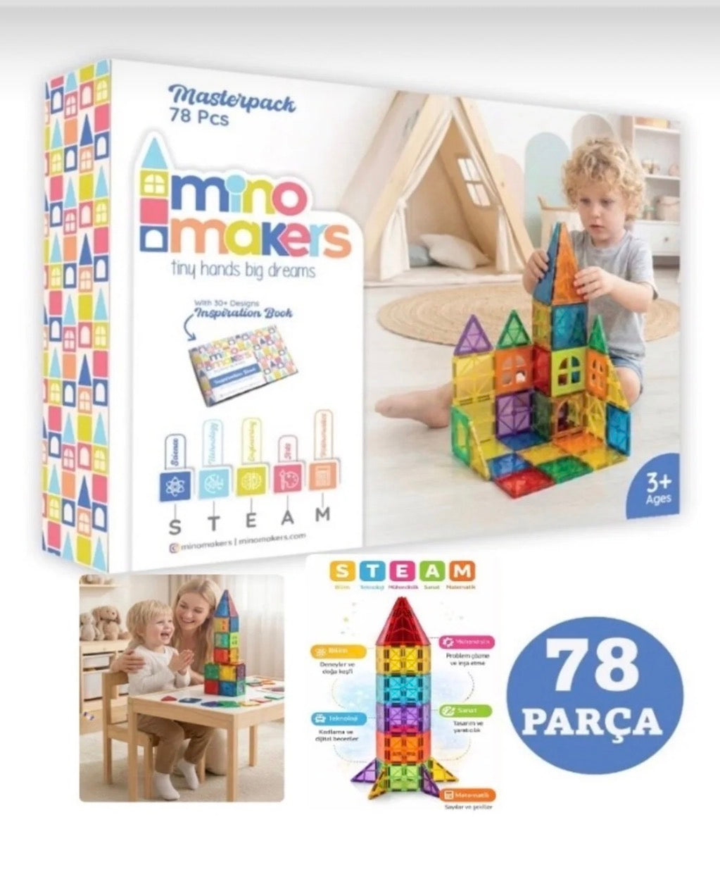 Mino Makers 78 Parça Manyetik Yapı Bloğu Seti – Eğitici STEM Oyuncak ve Yaratıcı İnşa Seti